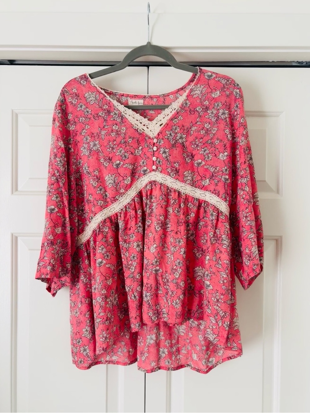 Floral Lace-Trim Coral Peasant Top